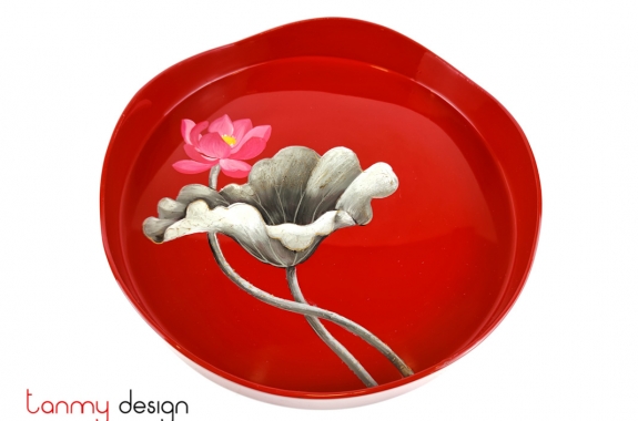 Red round lacquer tray hand-painted with pink lotus 27*H4cm